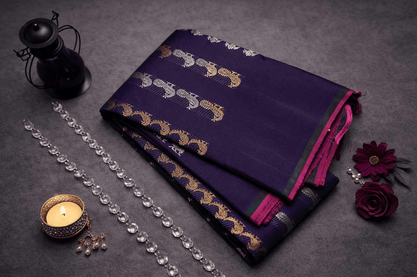 Regal Deep Purple Silk Saree with Gold & Silver Peacock Zari