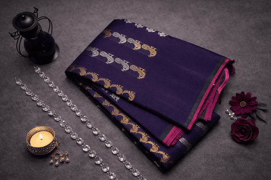 Regal Deep Purple Silk Saree with Gold & Silver Peacock Zari