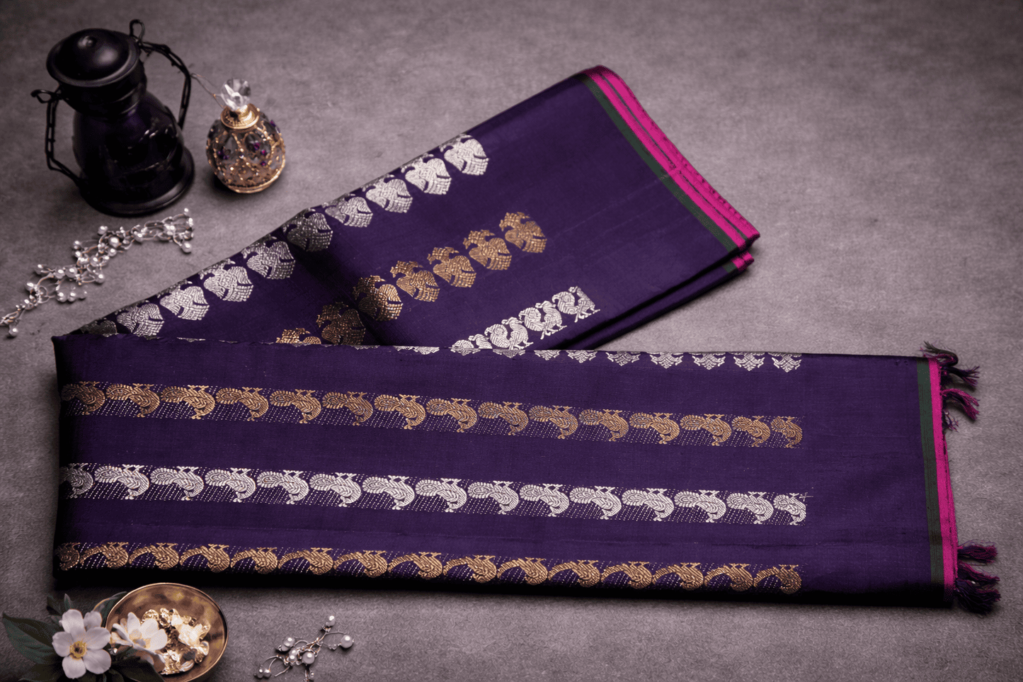 Regal Deep Purple Silk Saree with Gold & Silver Peacock Zari