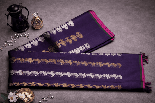 Regal Deep Purple Silk Saree with Gold & Silver Peacock Zari
