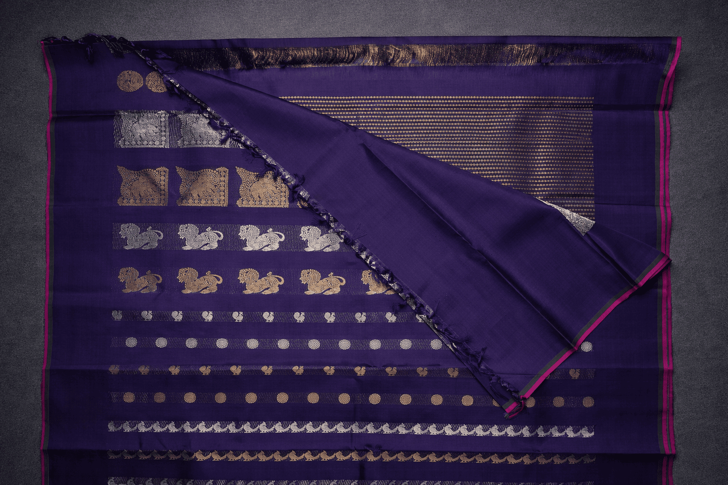 Regal Deep Purple Silk Saree with Gold & Silver Peacock Zari