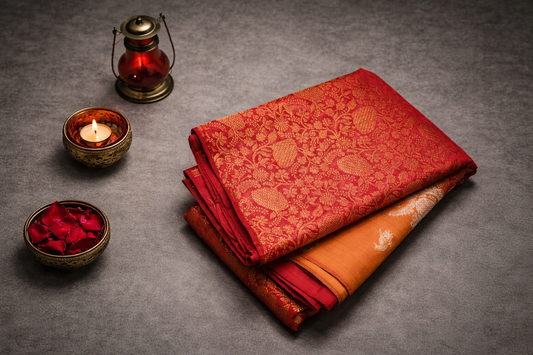 Royal Red & Orange Brocade Kanchi Silk Saree