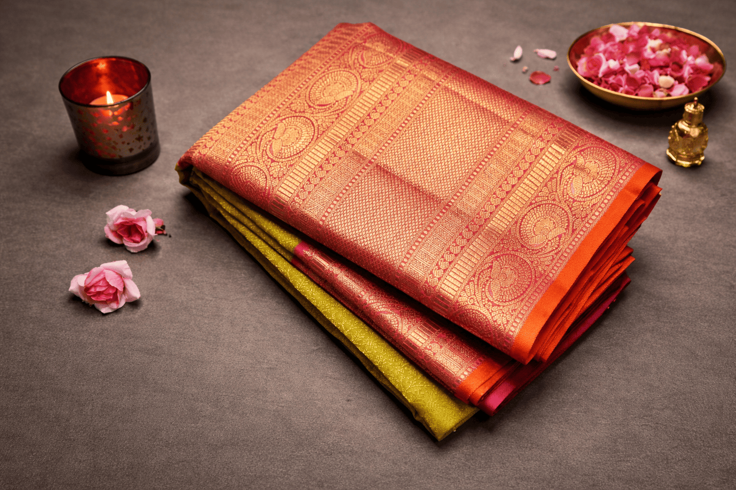 Royal Lime Green & Red Kanjivaram Silk Saree with Rich Zari Border