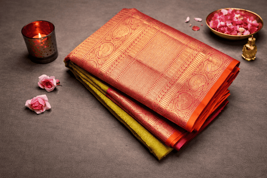 Royal Lime Green & Red Kanjivaram Silk Saree with Rich Zari Border