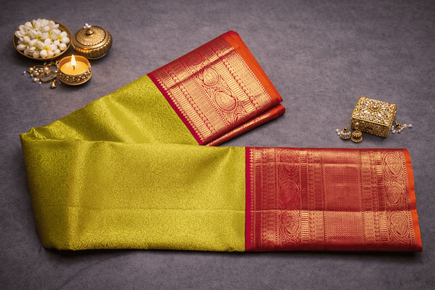 Royal Lime Green & Red Kanjivaram Silk Saree with Rich Zari Border