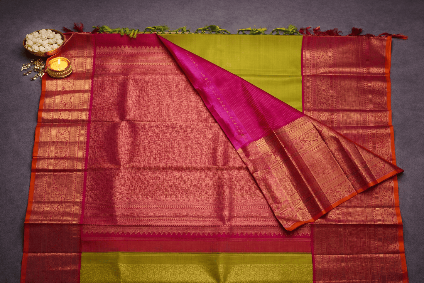Royal Lime Green & Red Kanjivaram Silk Saree with Rich Zari Border