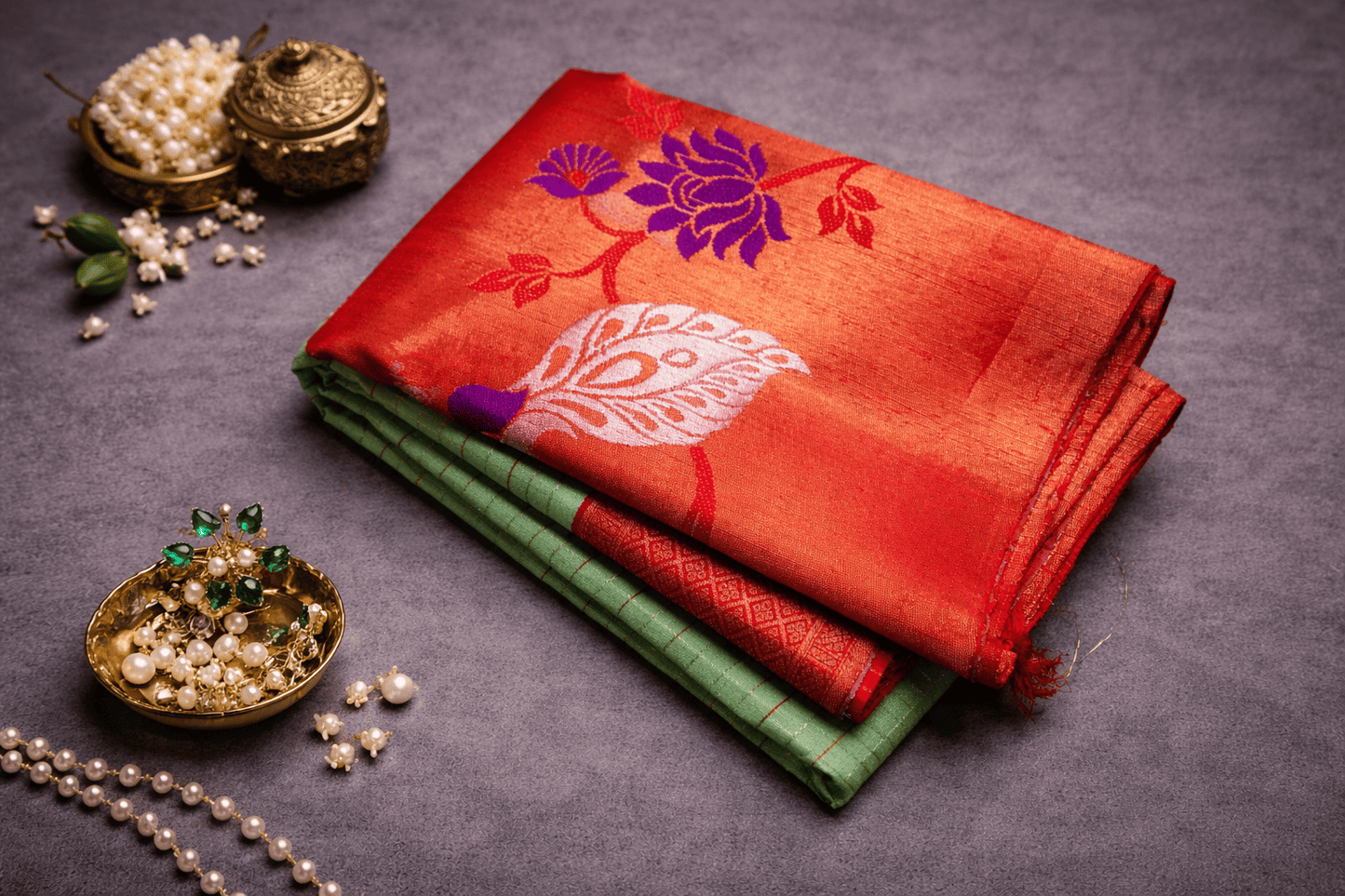 Graceful Mint Green & Rust Orange Silk Saree with Designer Pallu