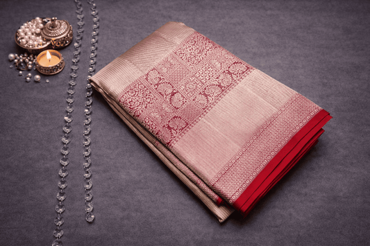 Elegant Rose Gold Silk Saree with Rich Red Zari Border