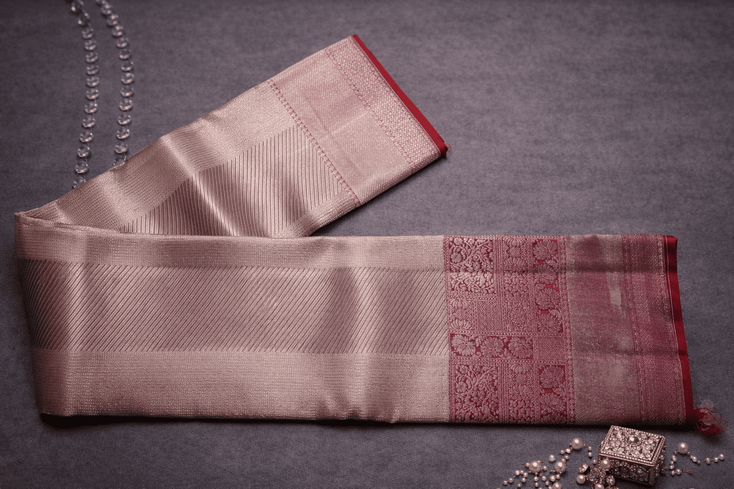 Elegant Rose Gold Silk Saree with Rich Red Zari Border