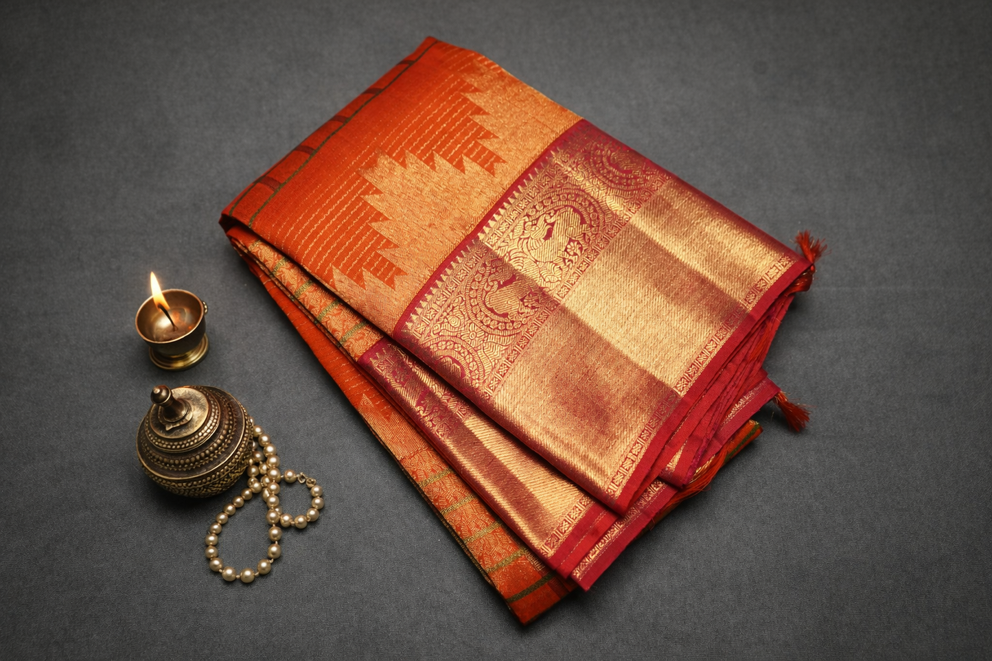 Traditional Orange Kanchipuram Silk Saree with Gold Zari Checks and Rich Red Border
