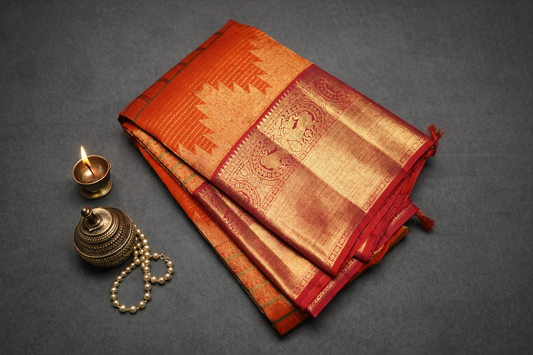 Traditional Orange Kanchipuram Silk Saree with Gold Zari Checks and Rich Red Border
