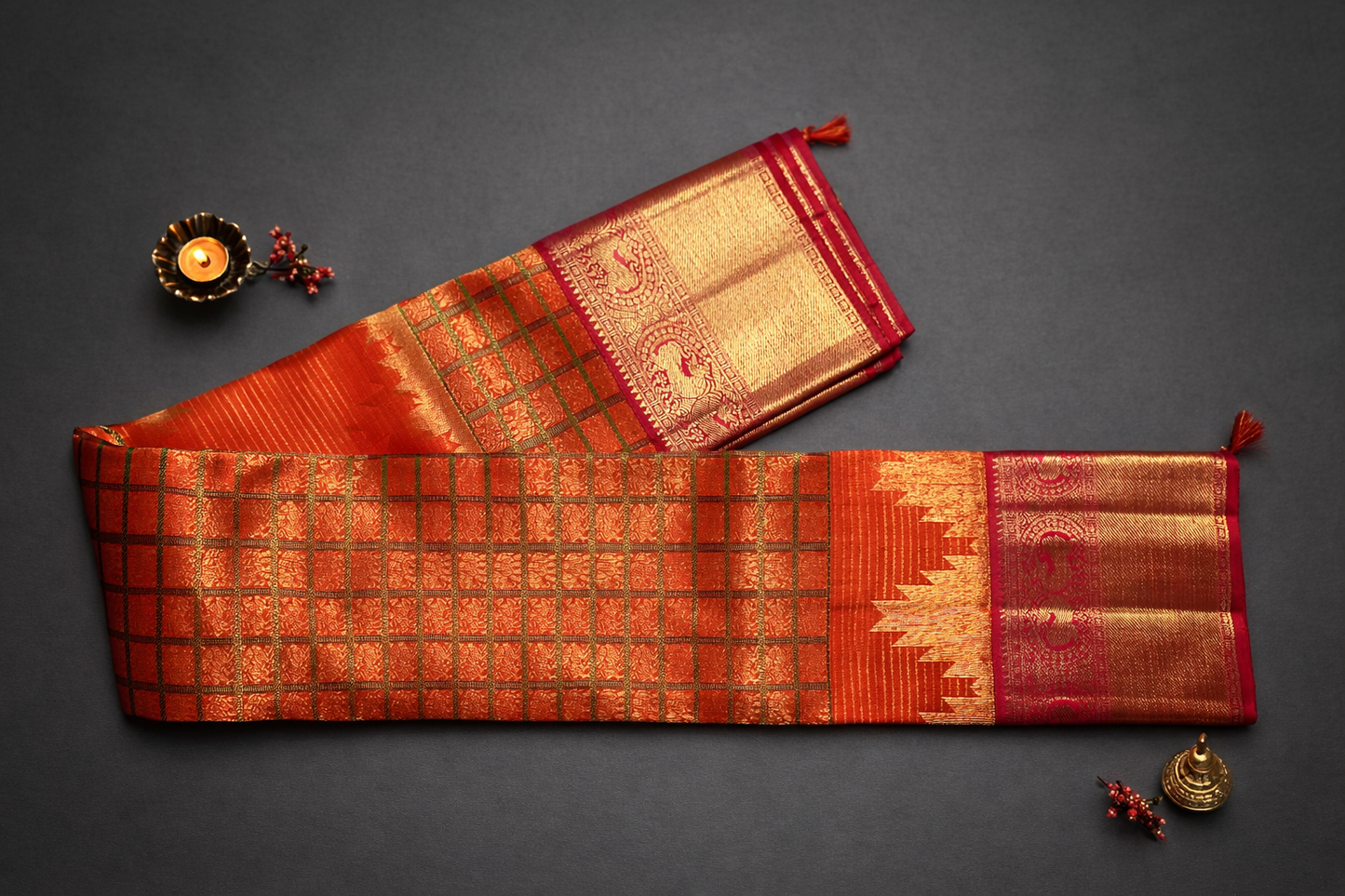 Traditional Orange Kanchipuram Silk Saree with Gold Zari Checks and Rich Red Border