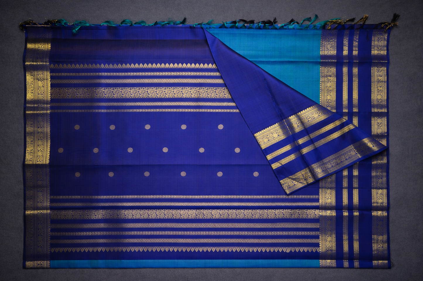 Elegant Blue Kanchipuram Silk Saree with Gold Zari Motifs and Royal Blue Border