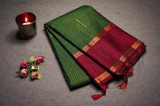 Green & Maroon Traditional Silk Saree with Zari Checks and Rich Border