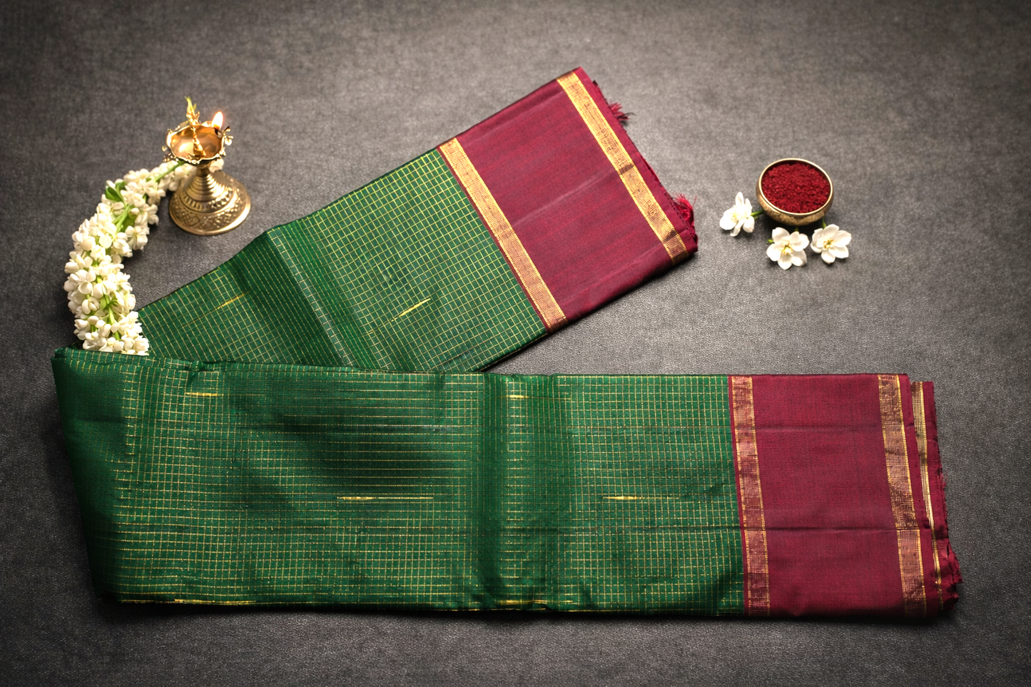 Green & Maroon Traditional Silk Saree with Zari Checks and Rich Border