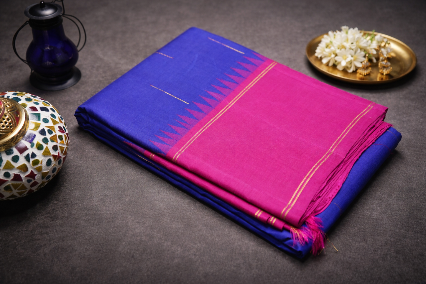 Royal Blue & Pink Traditional Silk Saree with Zari Butta and Contrast Border