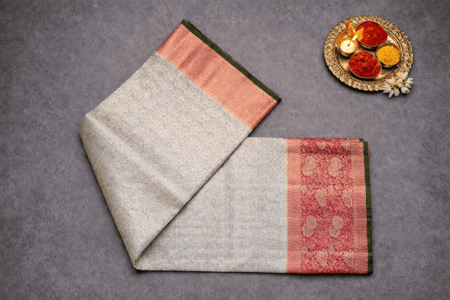 Pastel Green & Rose Pink Floral Zari Silk Saree