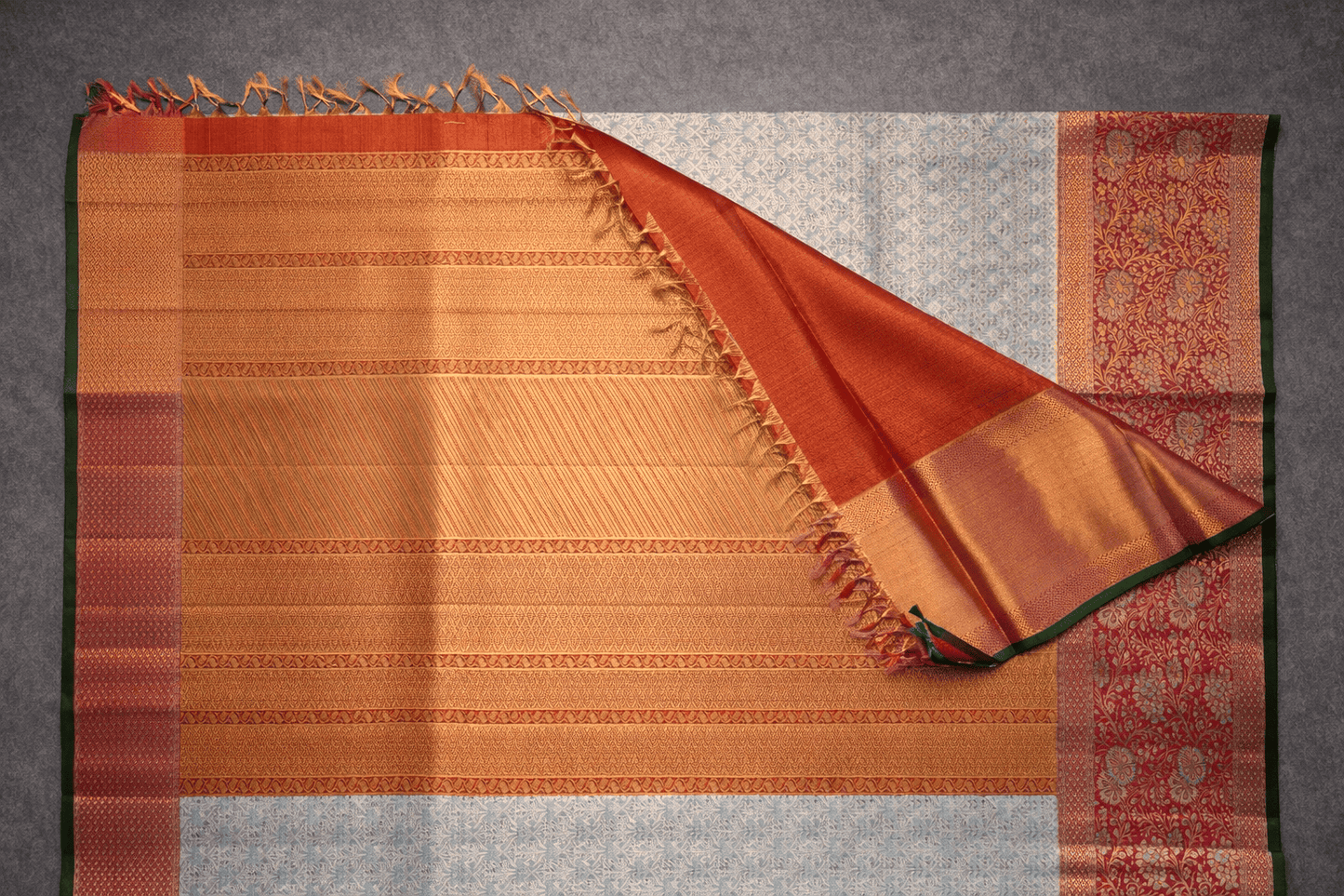 Pastel Green & Rose Pink Floral Zari Silk Saree