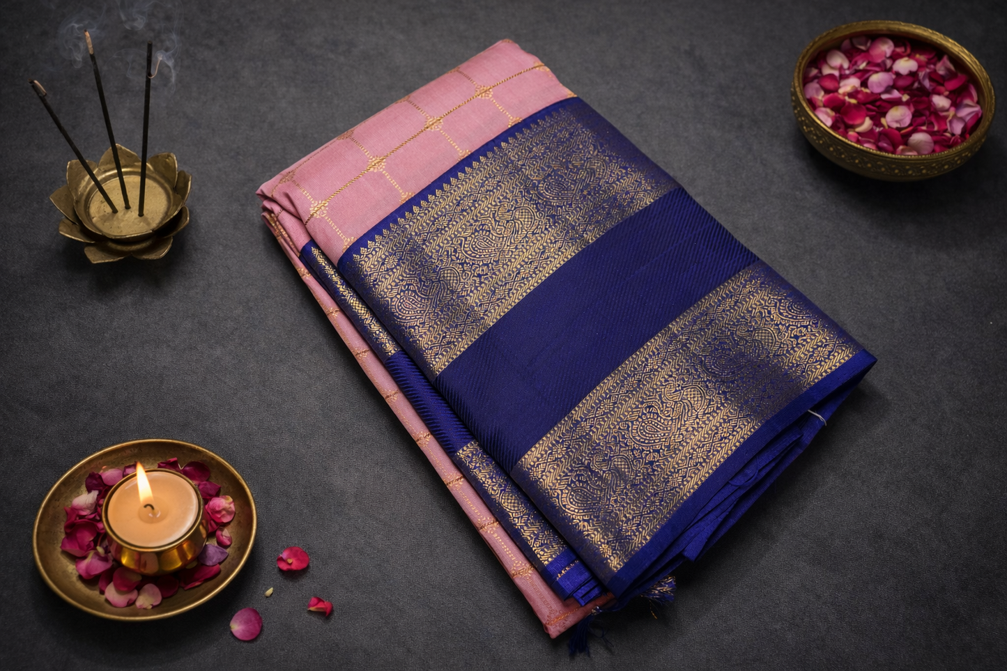 Elegant Pink & Royal Blue Silk Saree with Gold Zari Checks and Rich Border