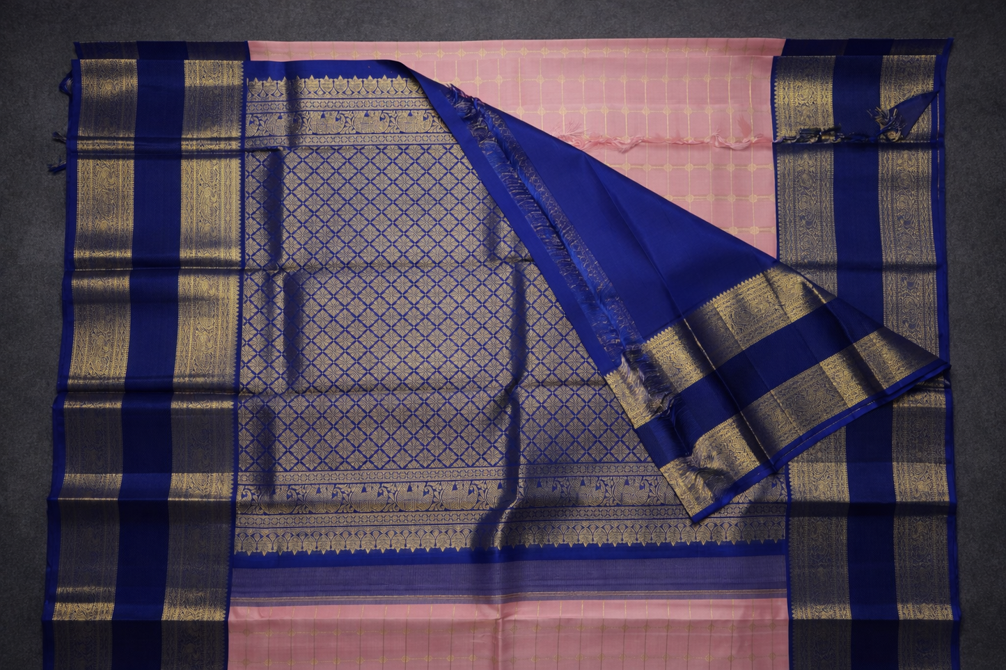 Elegant Pink & Royal Blue Silk Saree with Gold Zari Checks and Rich Border