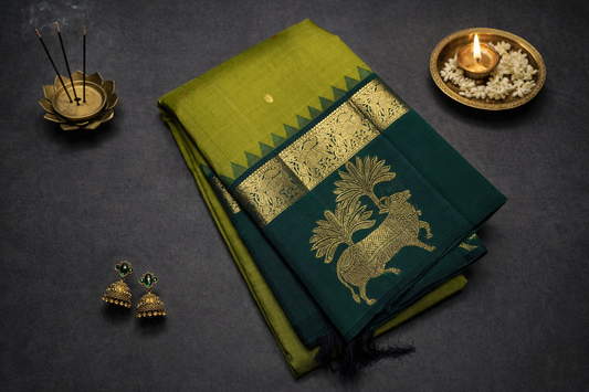 Elegant Olive Green & Teal Silk Saree with Traditional Gold Zari Border