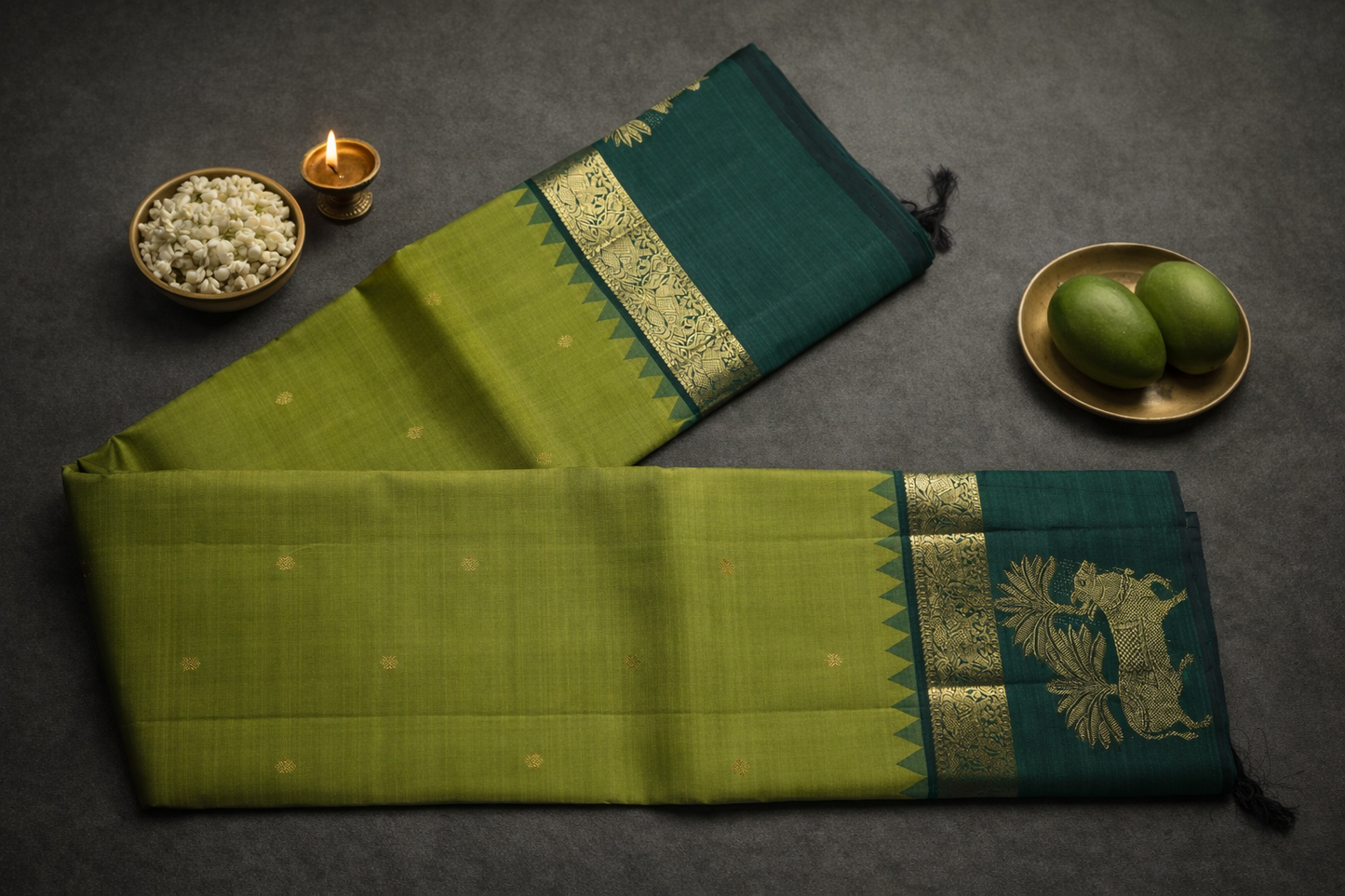 Elegant Olive Green & Teal Silk Saree with Traditional Gold Zari Border