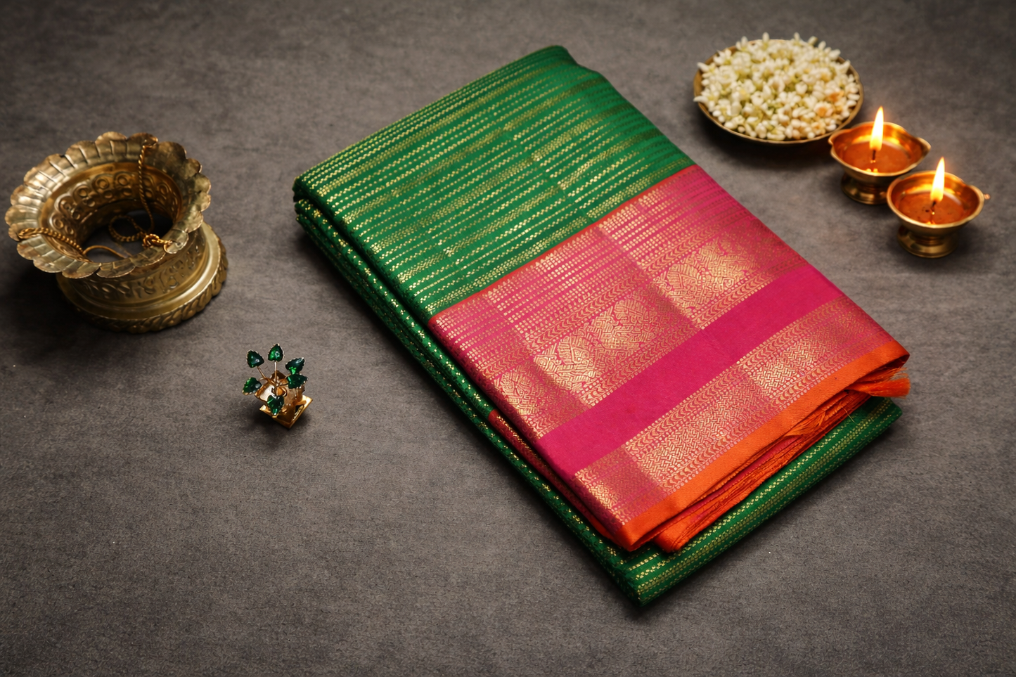 Traditional Green Kanchipuram Silk Saree with Pink Zari Border
