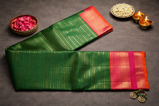 Traditional Green Kanchipuram Silk Saree with Pink Zari Border