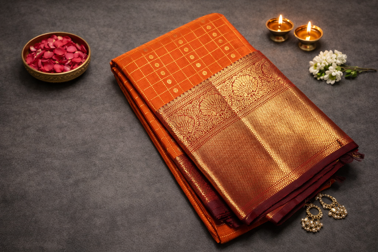 Elegant Orange Silk Saree with Gold Zari Border