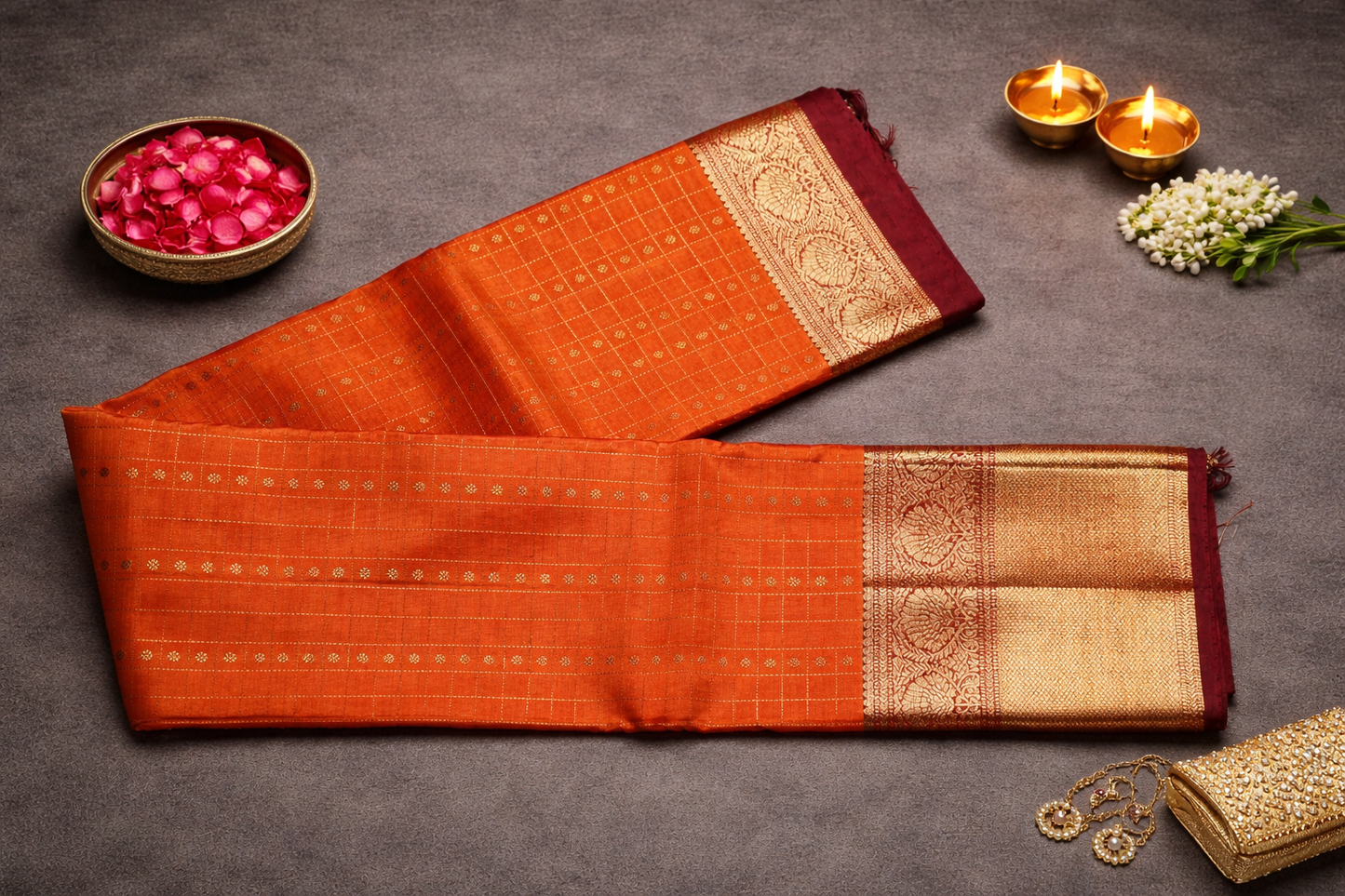 Elegant Orange Silk Saree with Gold Zari Border