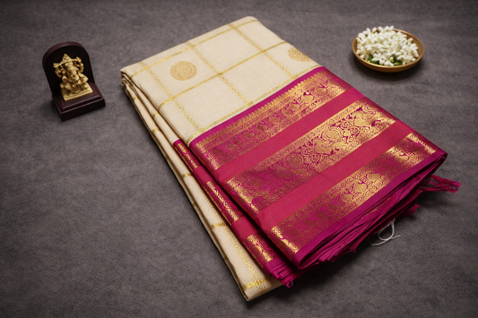 Elegant Cream Silk Saree with Pink Gold Zari Border
