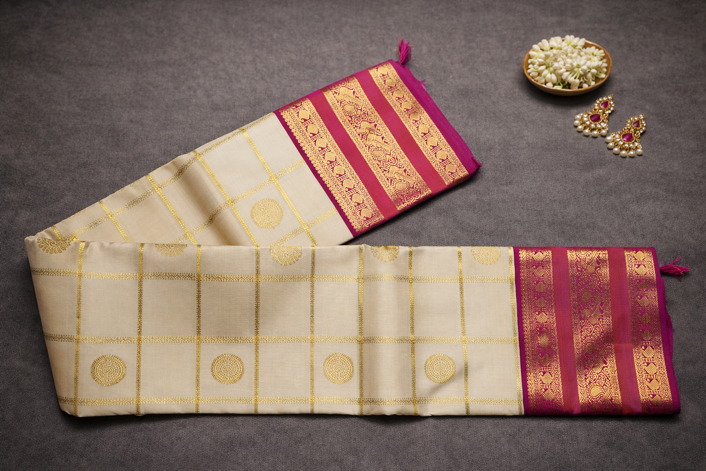 Elegant Cream Silk Saree with Pink Gold Zari Border