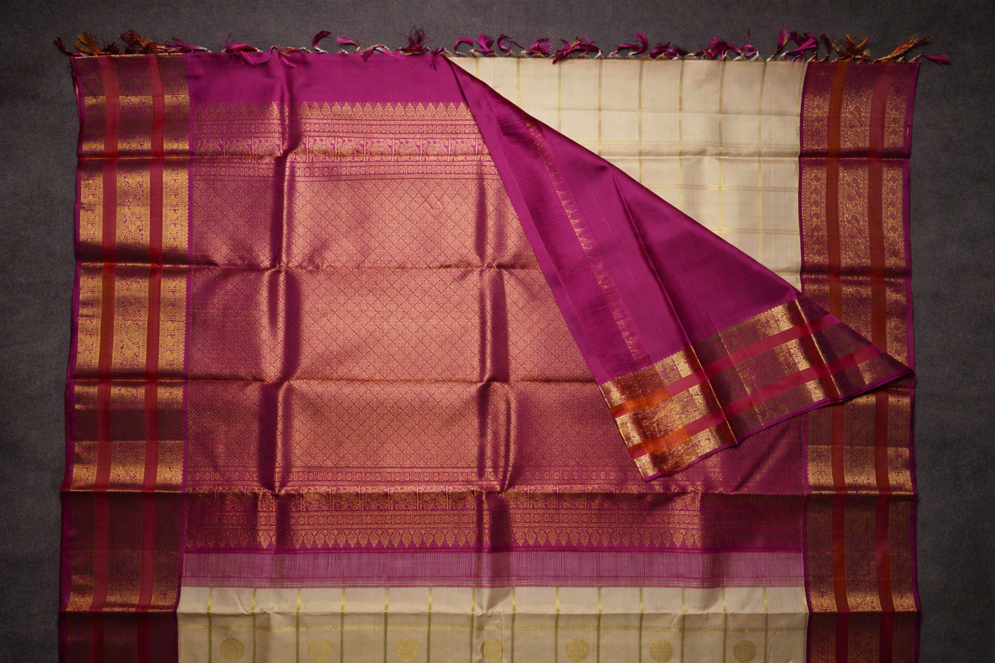 Elegant Cream Silk Saree with Pink Gold Zari Border