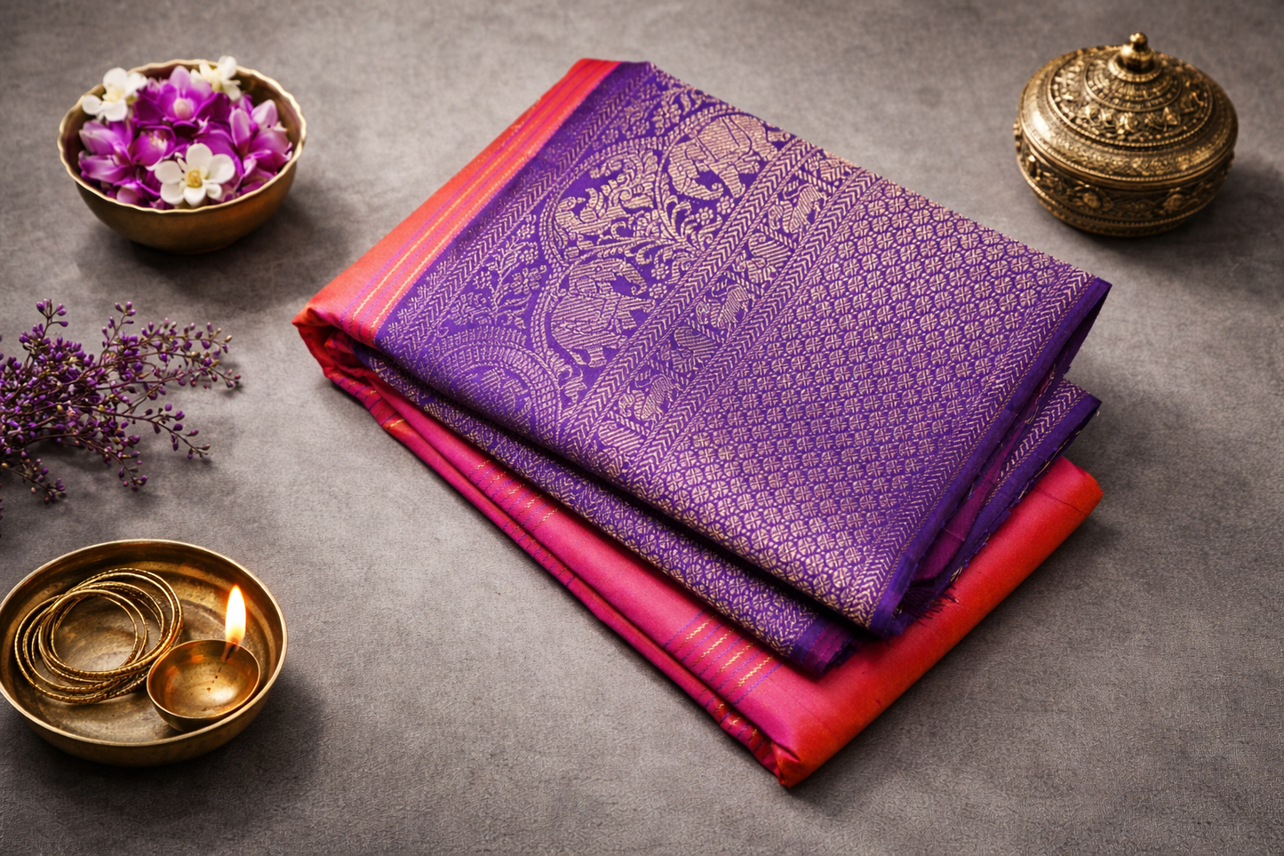 Royal Pink & Purple Kanchipuram Silk Saree with Traditional Zari Border