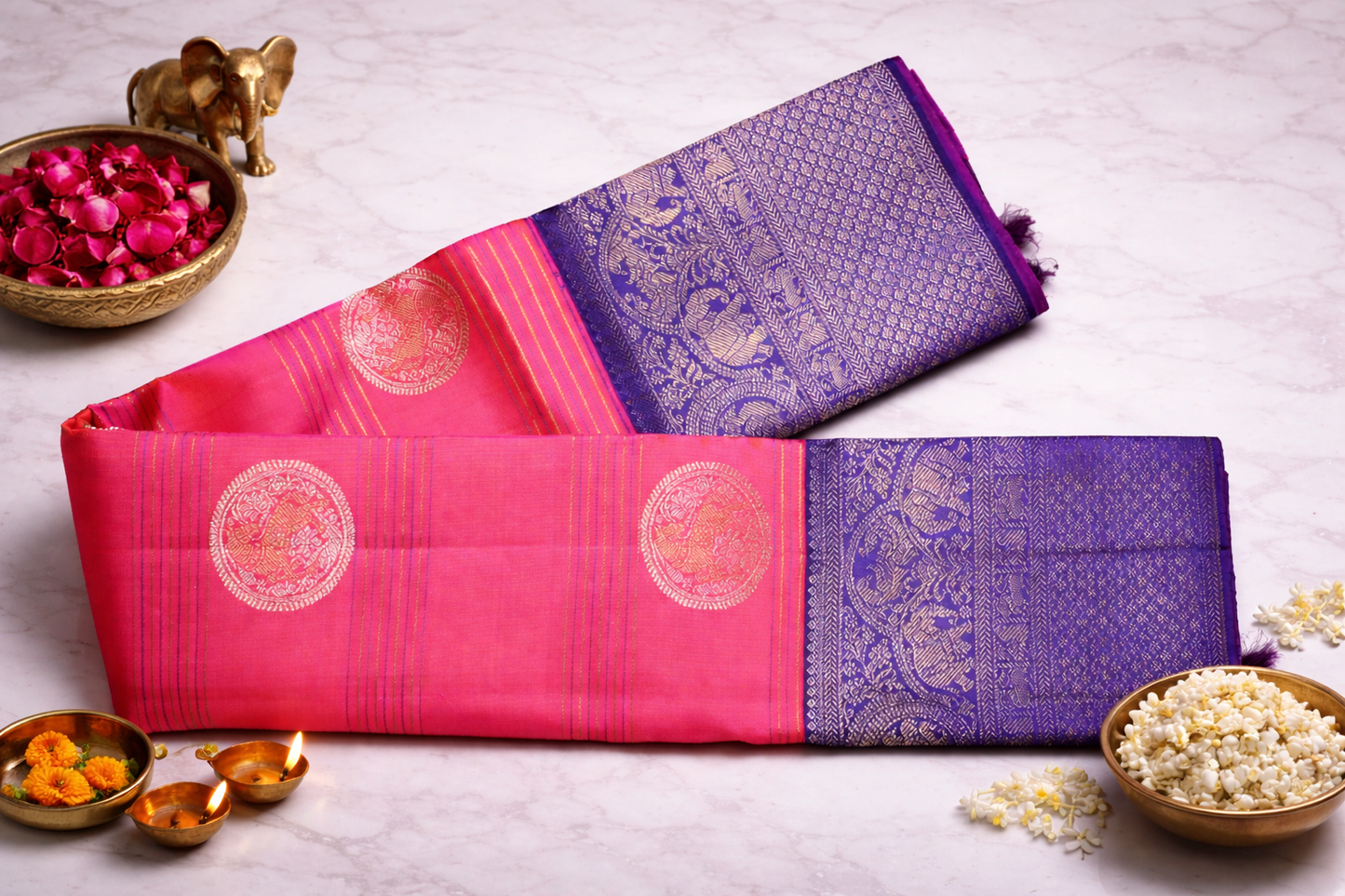 Royal Pink & Purple Kanchipuram Silk Saree with Traditional Zari Border