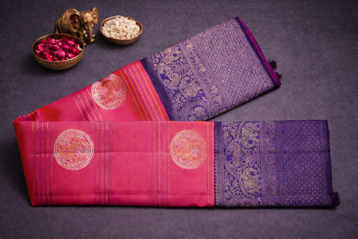 Royal Pink & Purple Kanchipuram Silk Saree with Traditional Zari Border