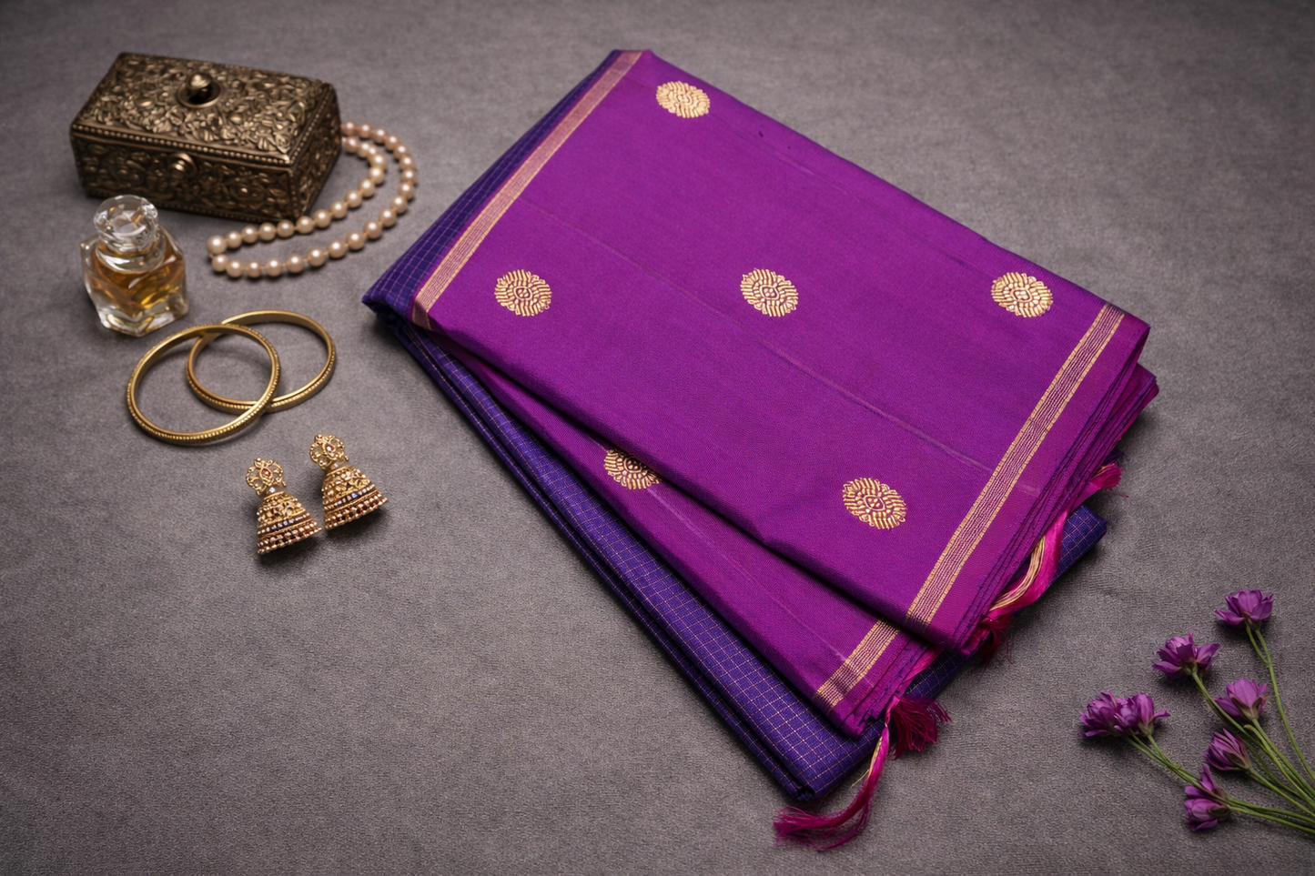 Royal Purple & Navy Blue Kanchipuram Silk Saree with Gold Zari Motifs