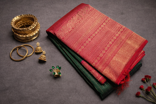 Classic Dark Green Kanchipuram Silk Saree with Red Zari Border
