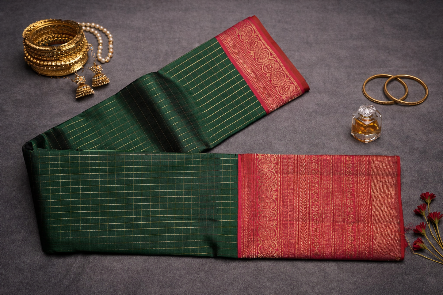Classic Dark Green Kanchipuram Silk Saree with Red Zari Border