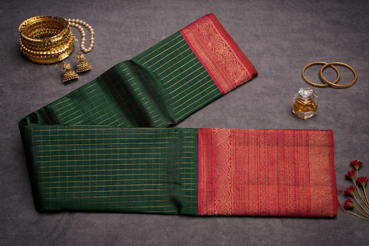 Classic Dark Green Kanchipuram Silk Saree with Red Zari Border