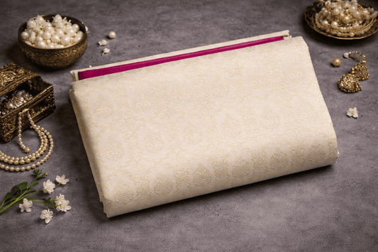 Elegant Ivory Silk Saree with Gold Zari Border & Floral Printed Pallu