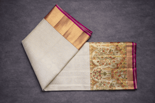 Elegant Ivory Silk Saree with Gold Zari Border & Floral Printed Pallu