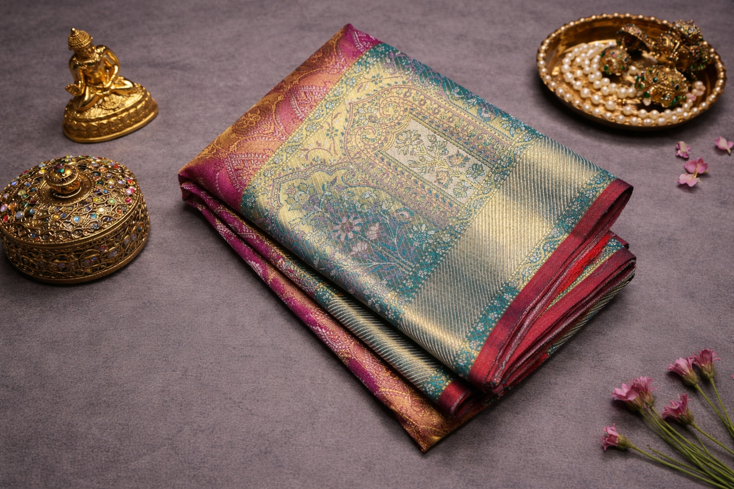 Royal Magenta & Gold Kanchipuram Tissue Silk Saree with Traditional Zari Border