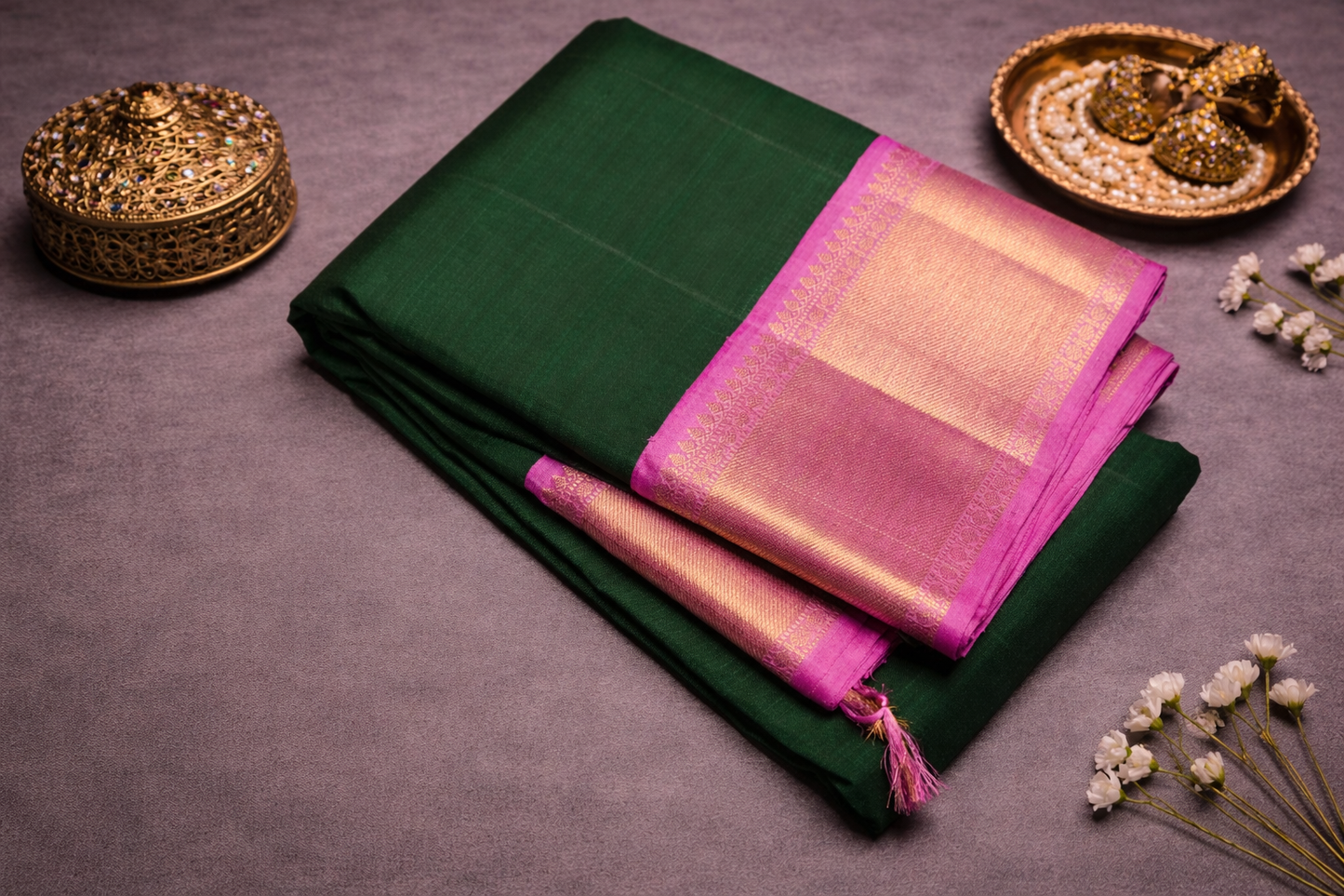 Elegant Dark Green Kanchipuram Silk Saree with Pink and Gold Zari Border