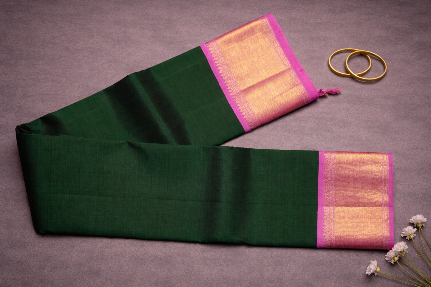 Elegant Dark Green Kanchipuram Silk Saree with Pink and Gold Zari Border