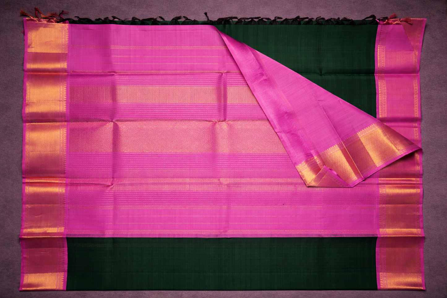 Elegant Dark Green Kanchipuram Silk Saree with Pink and Gold Zari Border