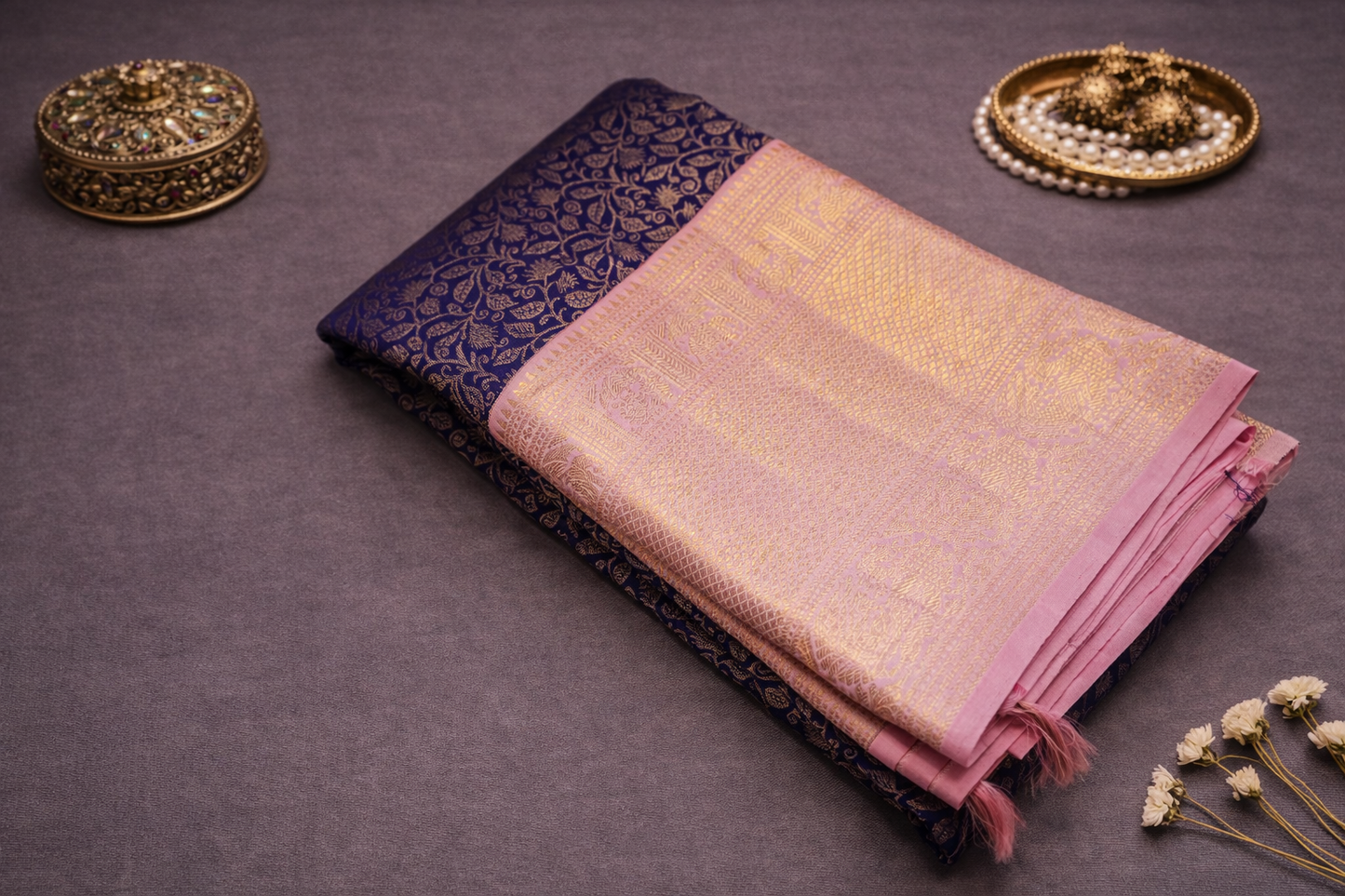 Royal Navy Blue Kanchipuram Silk Saree with Pink Zari Border