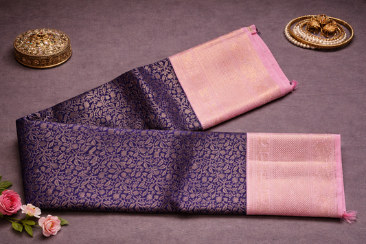 Royal Navy Blue Kanchipuram Silk Saree with Pink Zari Border