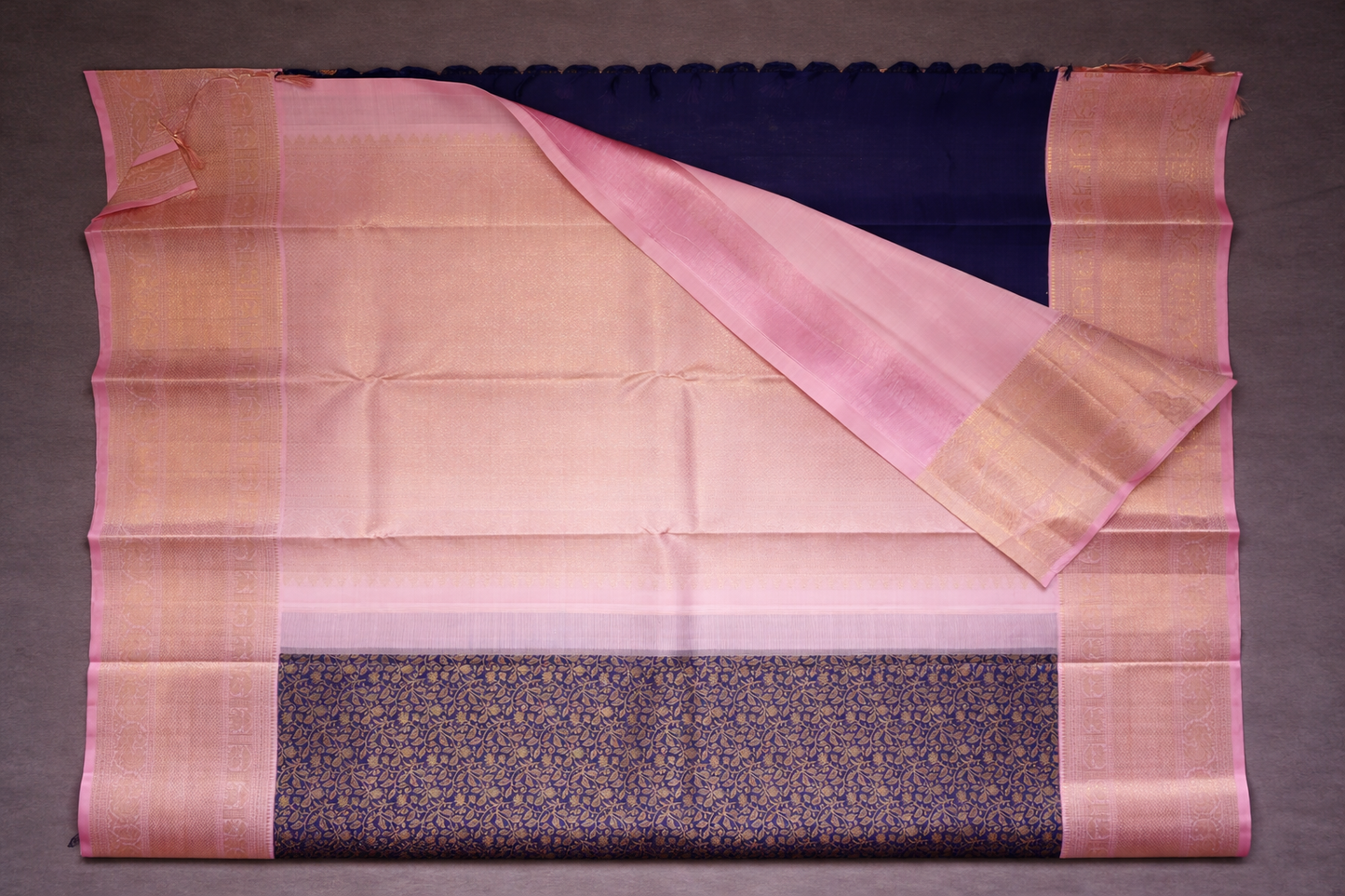 Royal Navy Blue Kanchipuram Silk Saree with Pink Zari Border