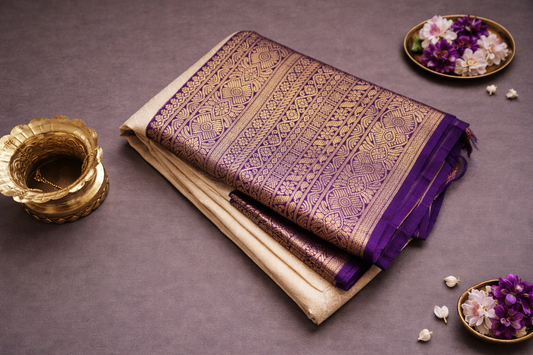 Elegant Cream & Royal Purple Traditional Silk Saree with Rich Zari Border